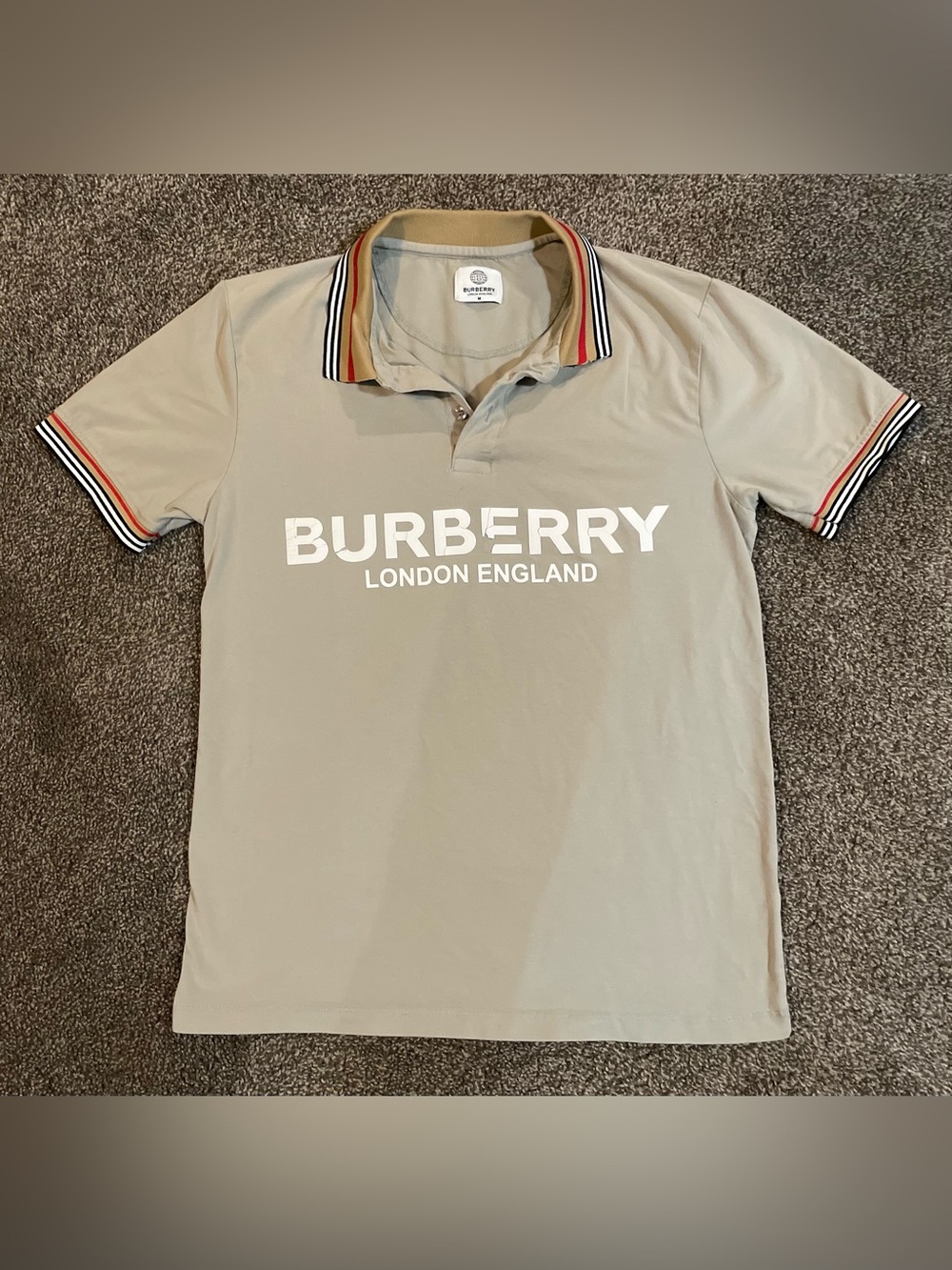 Burberry Cream Colour Polo with White Logo and Multicolor Trim
